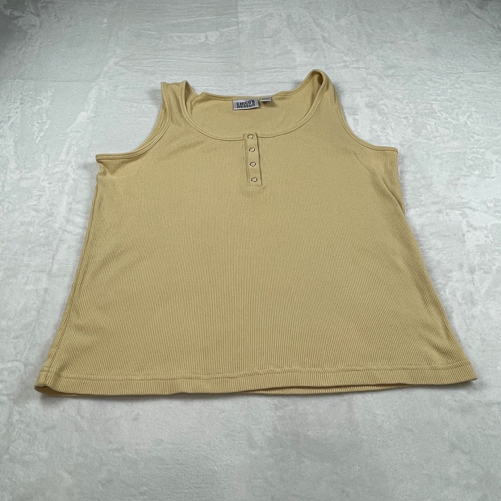 Chicos Design Womens Yellow Ribbed‎ Cotton Henley Tank Top Size 2 Large